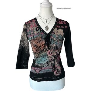 Y2K Black & Pink Rhinestone Graphic Lace-up Quarter Sleeve Top